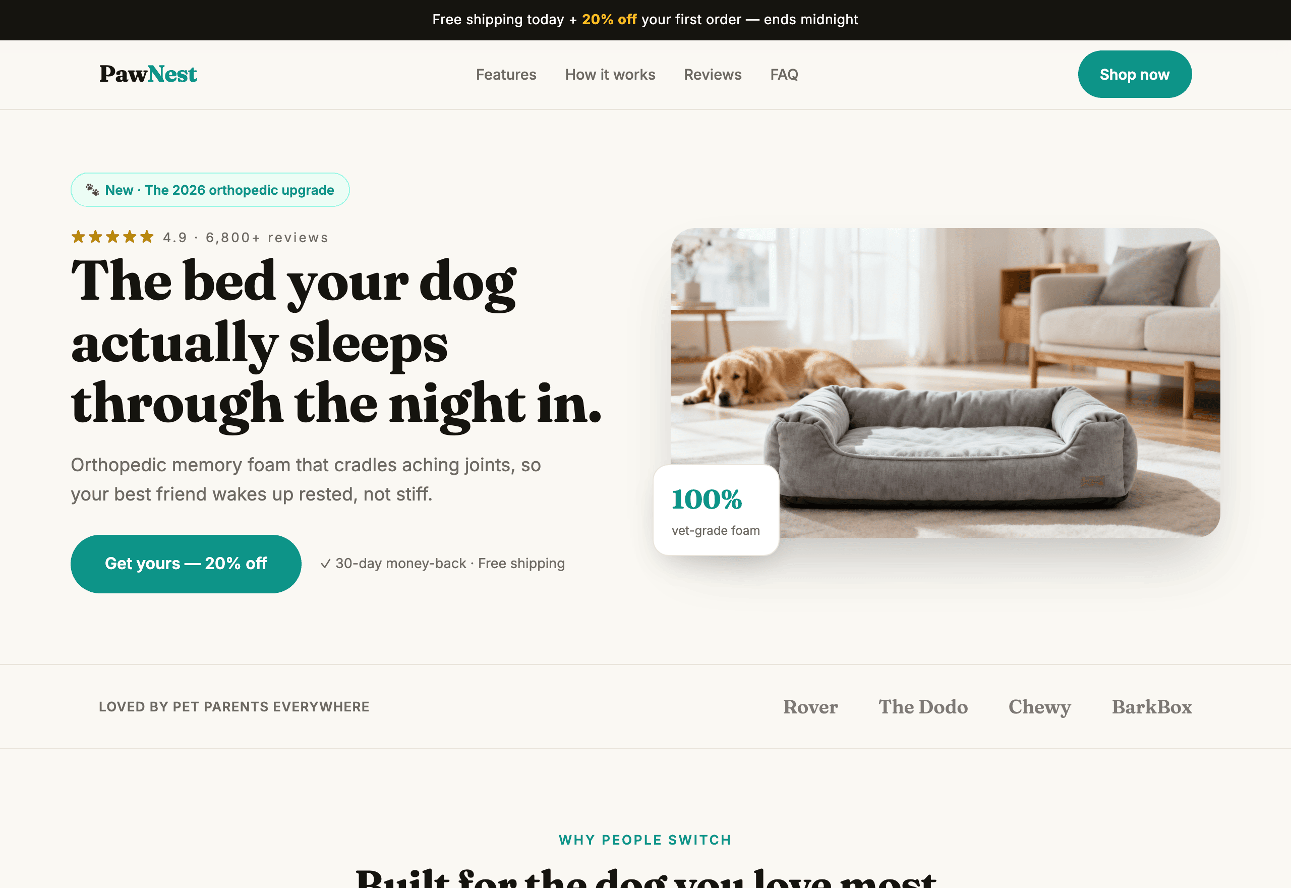 Orthopedic dog bed landing page