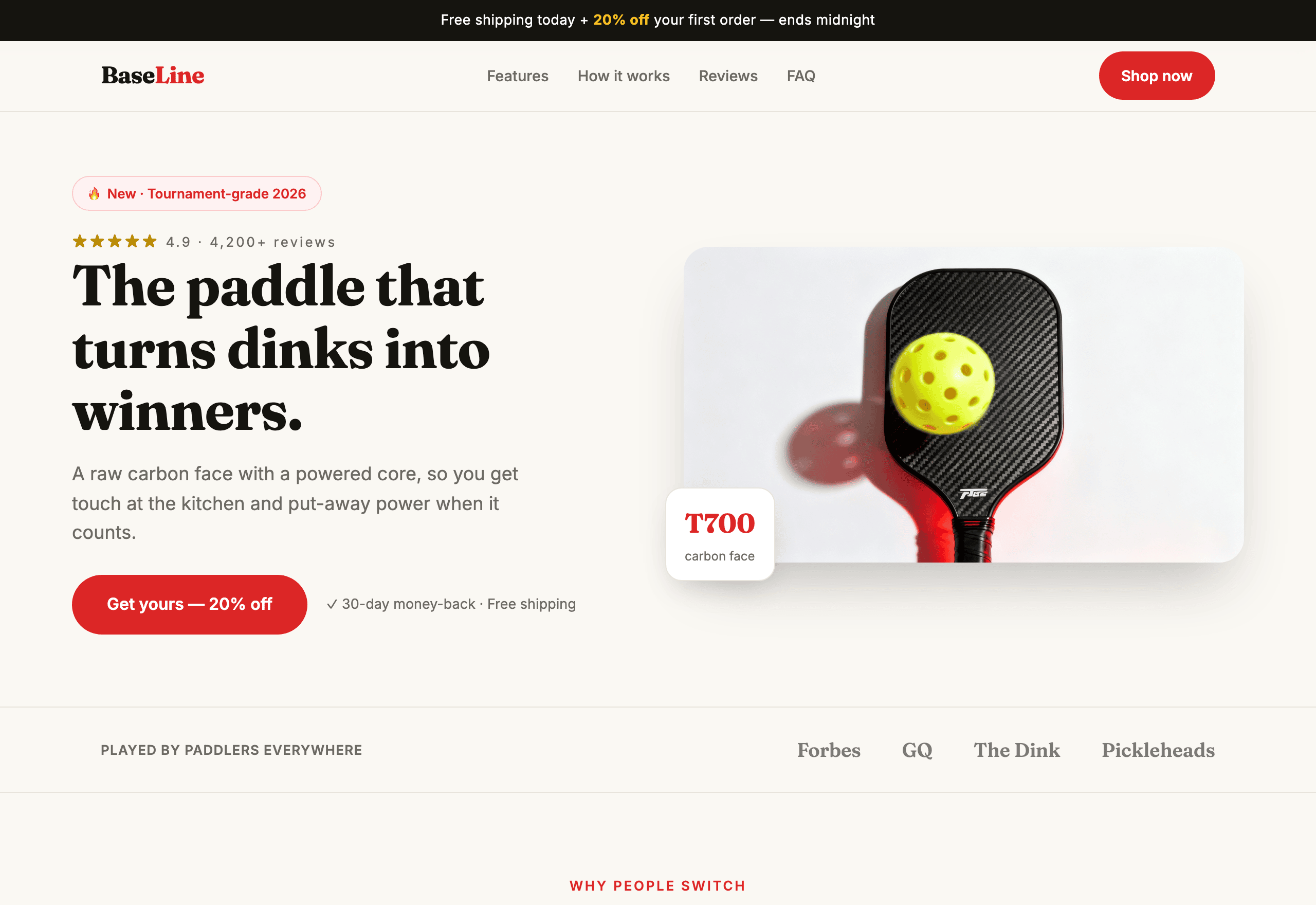 Carbon pickleball paddle landing page
