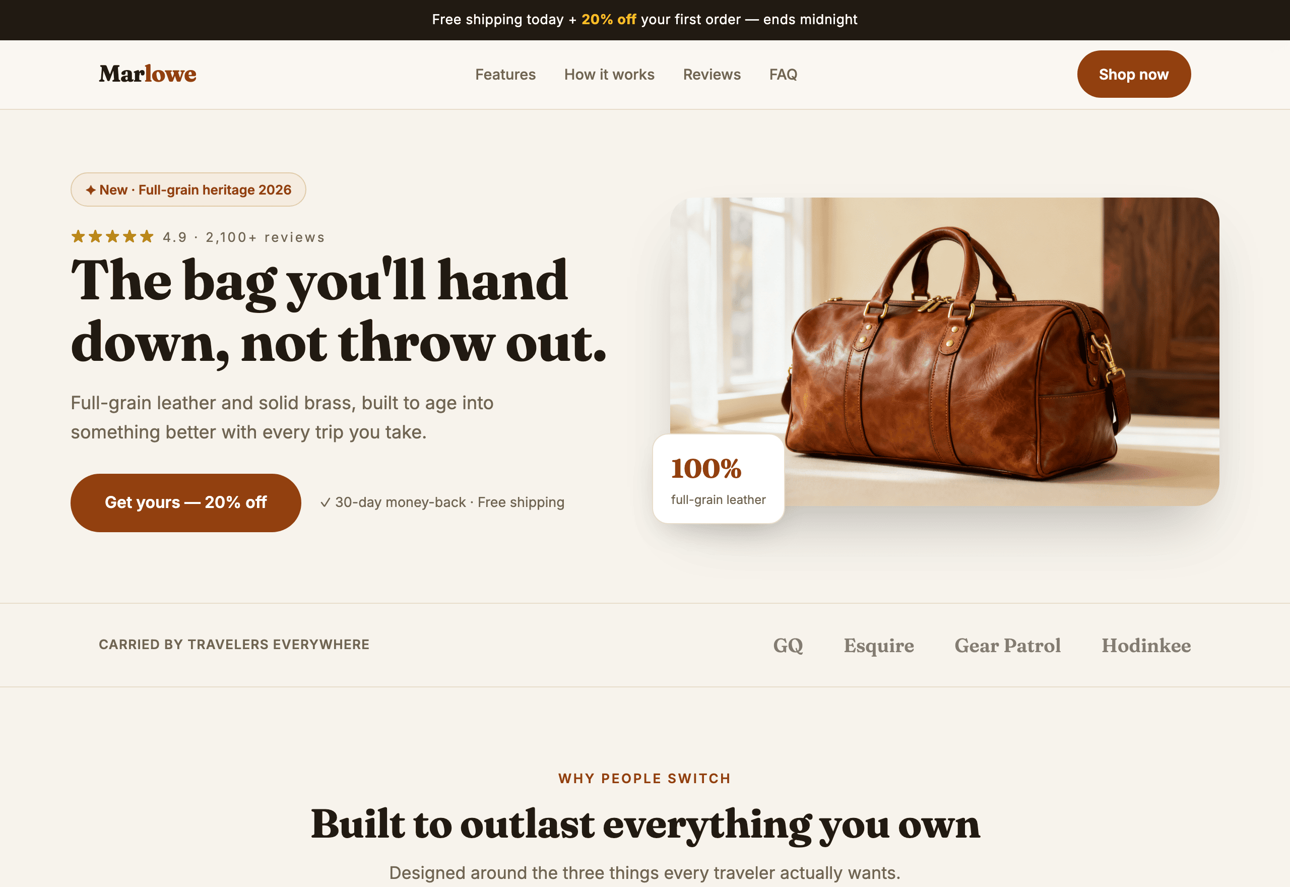 Leather goods landing page