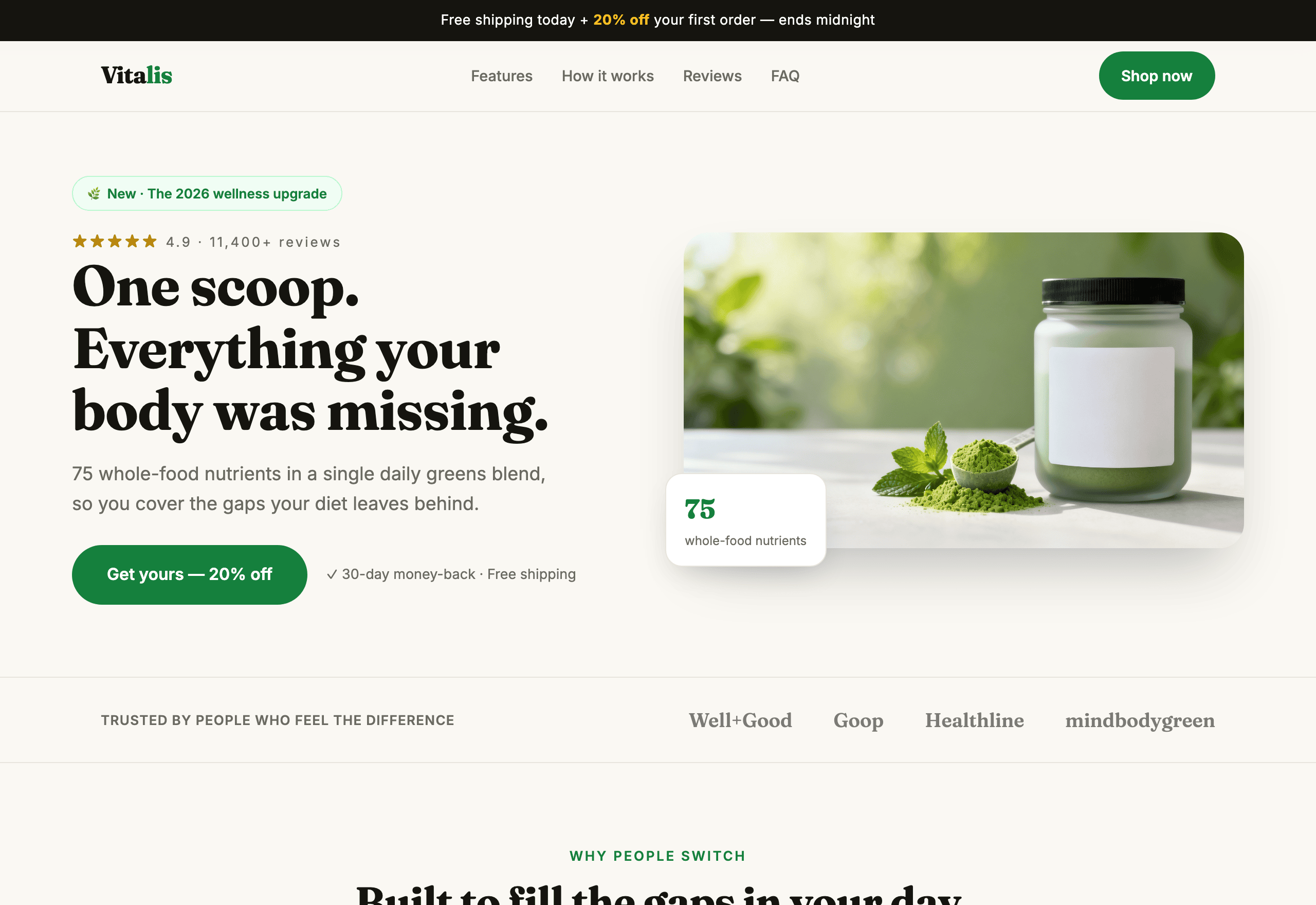 Daily greens powder landing page