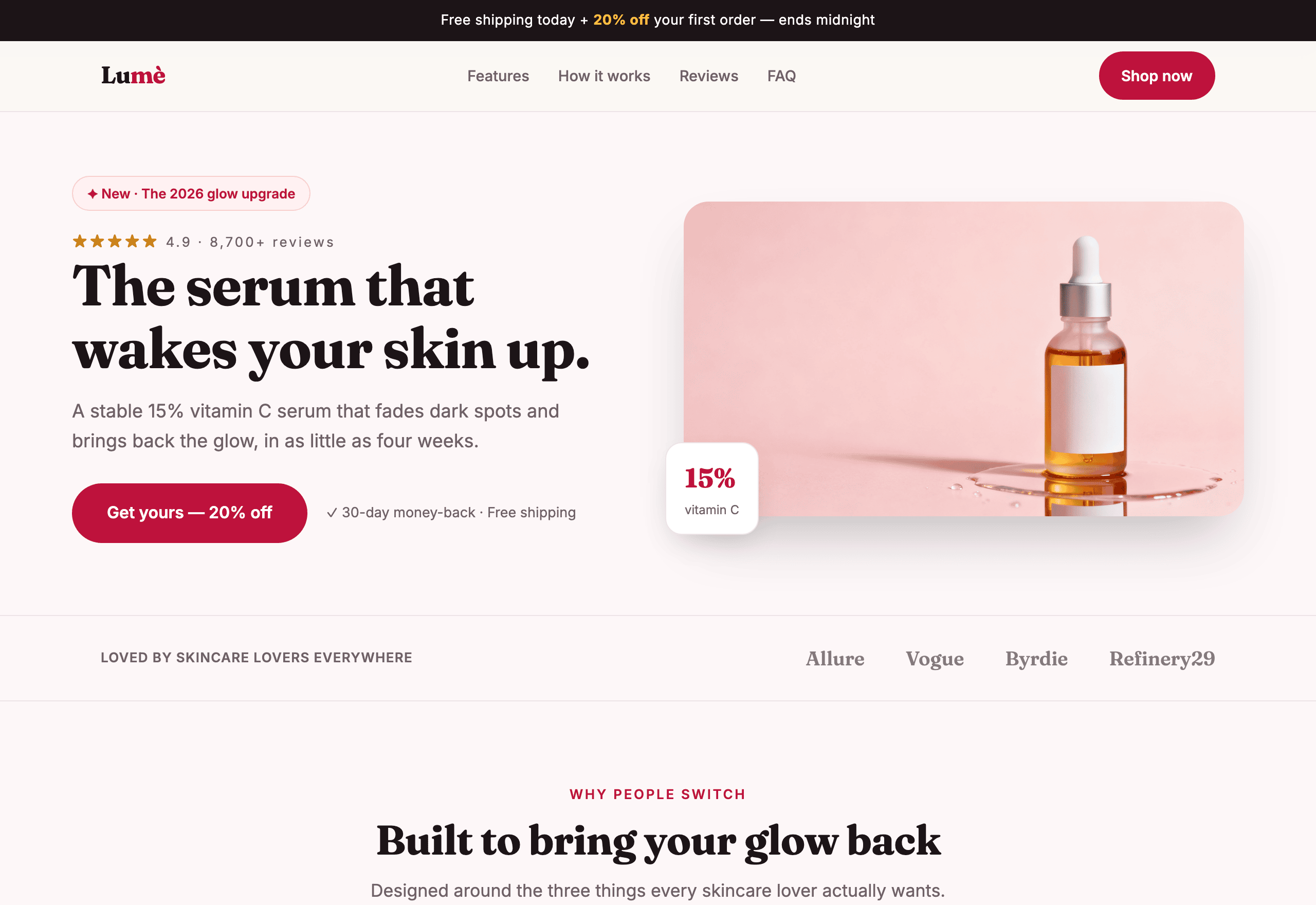 Vitamin C glow serum landing page